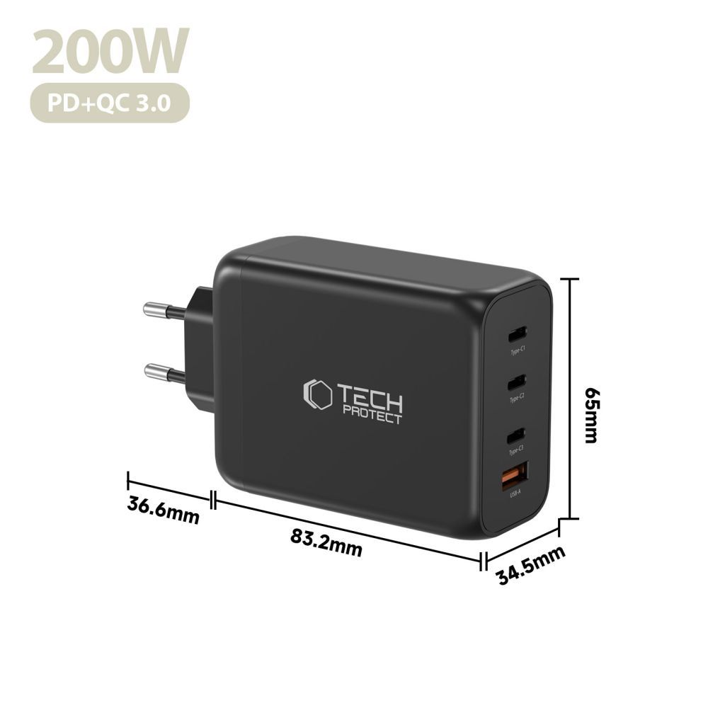 Polnilnik Tech-Protect NC200W-GAN, 200W, 5A, 1 x USB-A - 3 x USB-C, črn