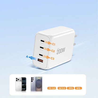 Polnilnik omrežja Tech-Protect NC200W-GAN, 200W, 5A, 1 x USB-A - 3 x USB-C, Bel