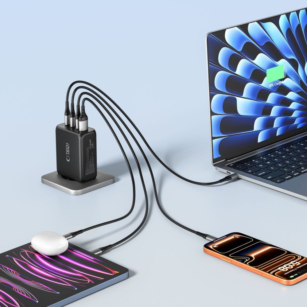 Polnilnik Tech-Protect NC200W-GAN, 200W, 5A, 1 x USB-A - 3 x USB-C, črn