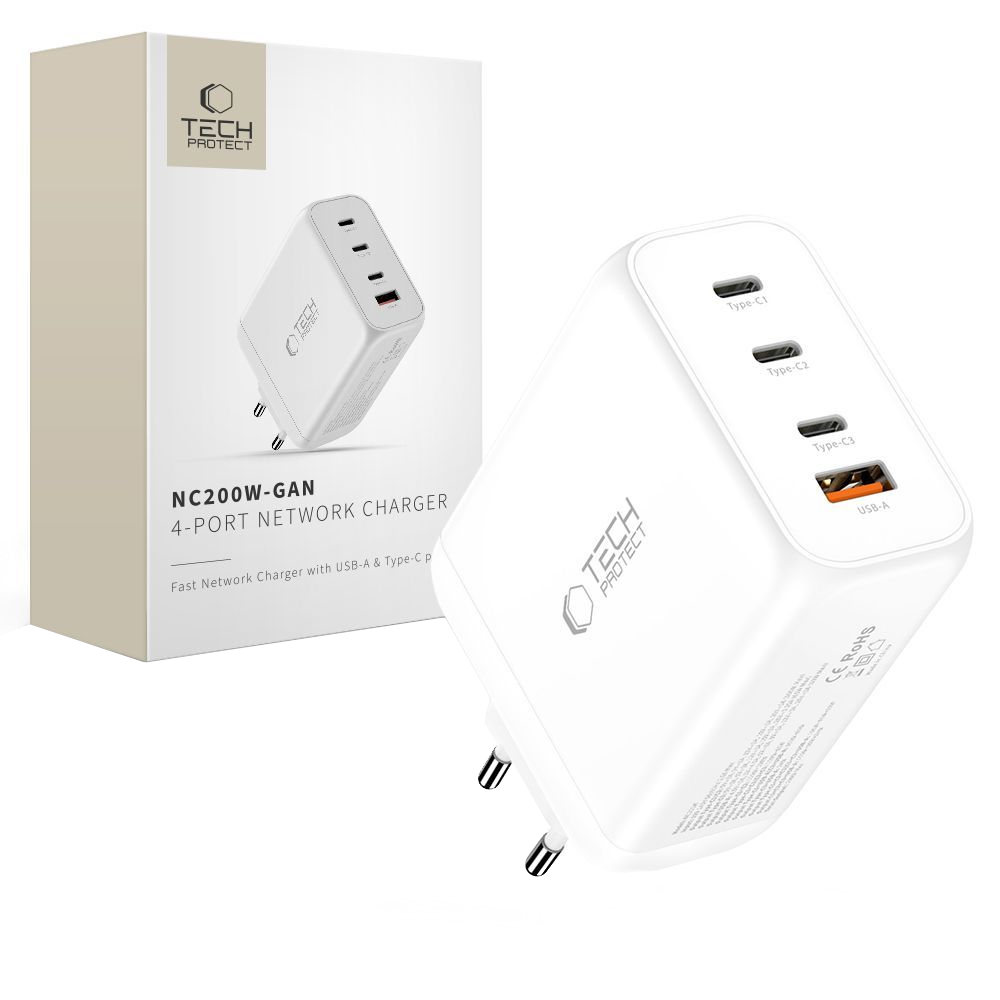 Polnilnik omrežja Tech-Protect NC200W-GAN, 200W, 5A, 1 x USB-A - 3 x USB-C, Bel