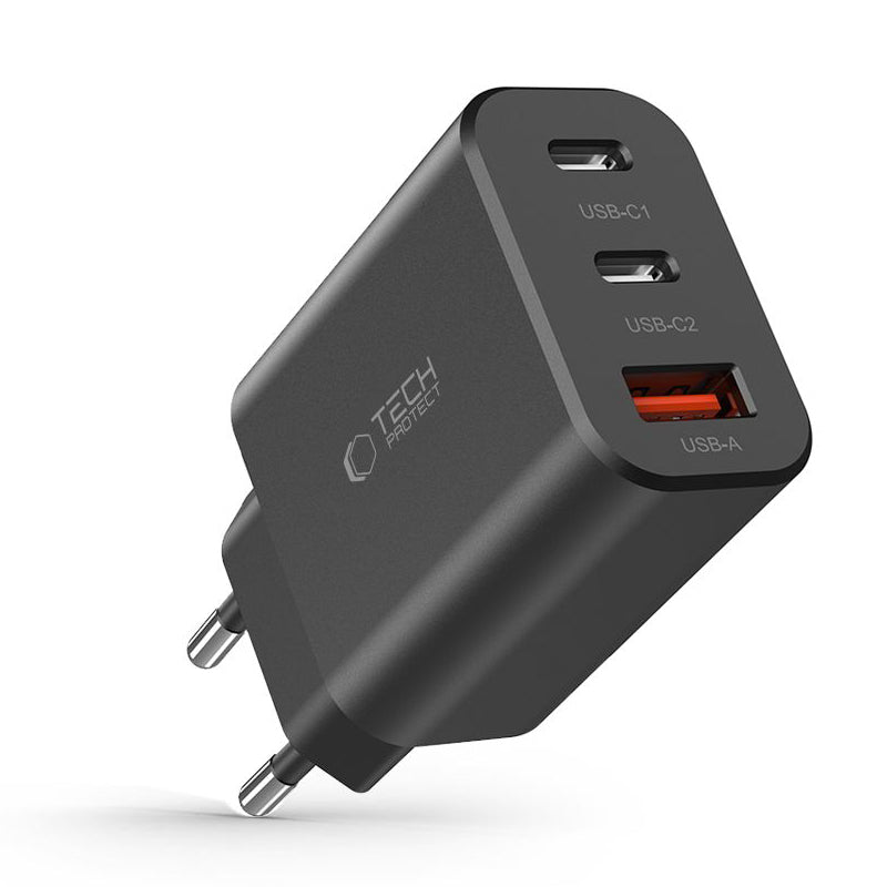 Omrežni polnilnik Tech-Protect NC30W, 30 W, 3A, 1 x USB-A - 2 x USB-C, črn 