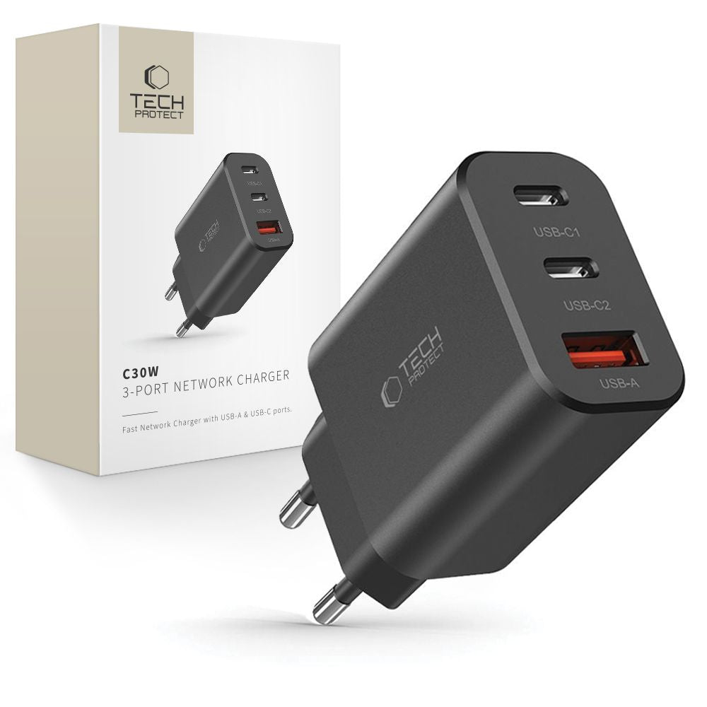 Omrežni polnilnik Tech-Protect NC30W, 30 W, 3A, 1 x USB-A - 2 x USB-C, črn 
