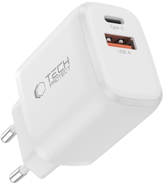 Tech-Protect NCA45W Network Charger, 45W, 3A, 1 x USB-A - 1 x USB-C, White