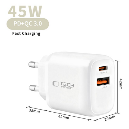 Polnilnik omrežja Tech-Protect NCA45W, 45W, 3A, 1 x USB-A - 1 x USB-C, Bel