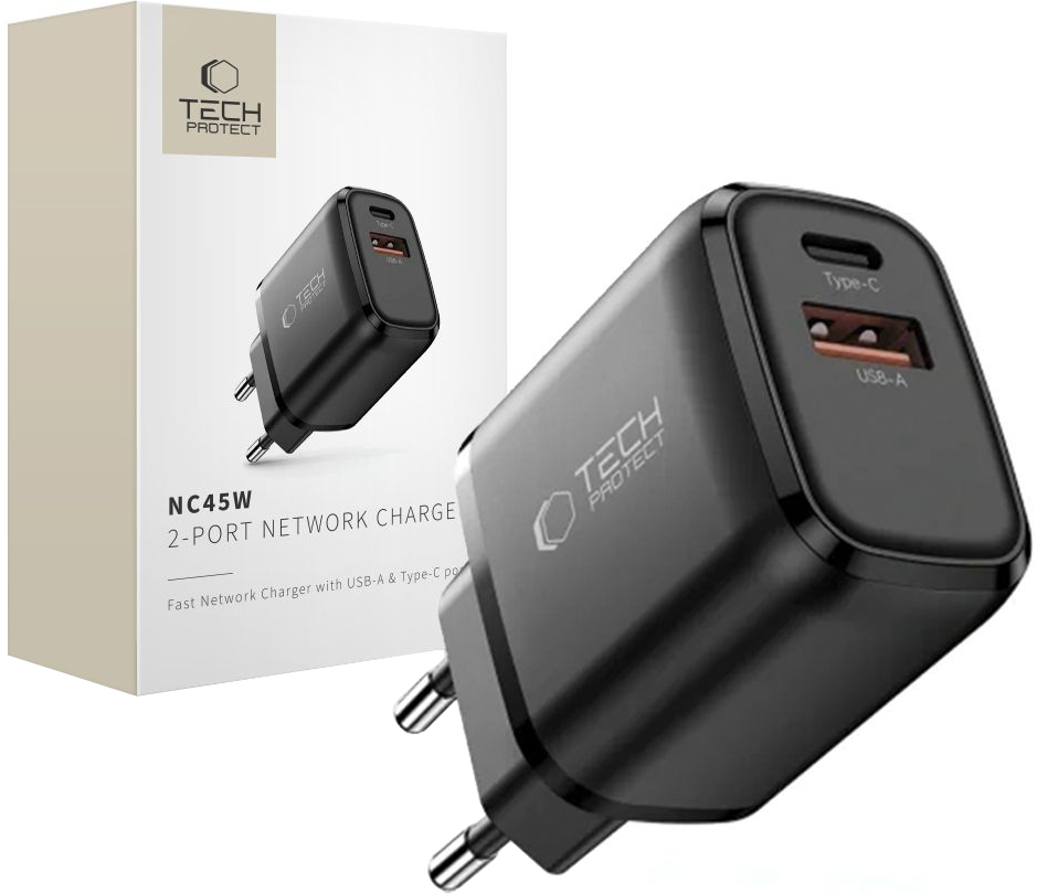 Polnilnik omrežja Tech-Protect NCA45W, 45W, 3A, 1 x USB-A - 1 x USB-C, Črn