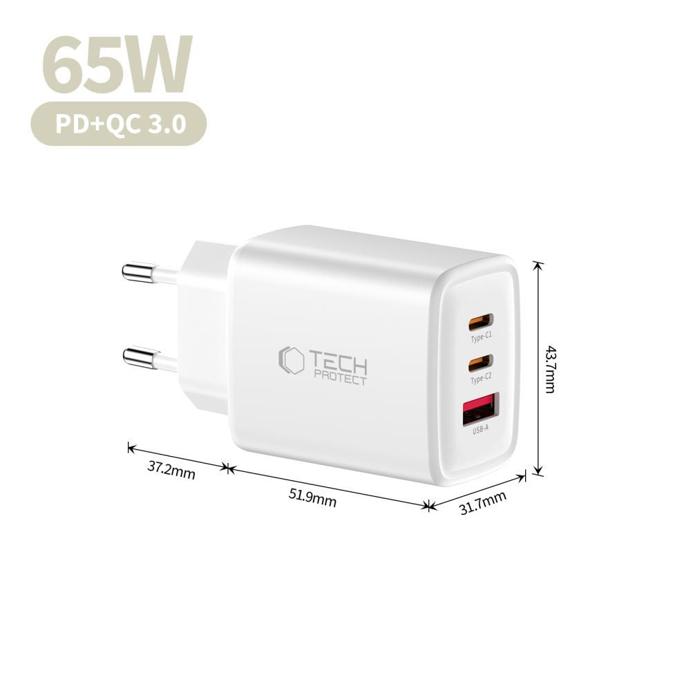 Polnilnik omrežja Tech-Protect NCA65W, 65W, 3A, 1 x USB-A - 2 x USB-C, Bel