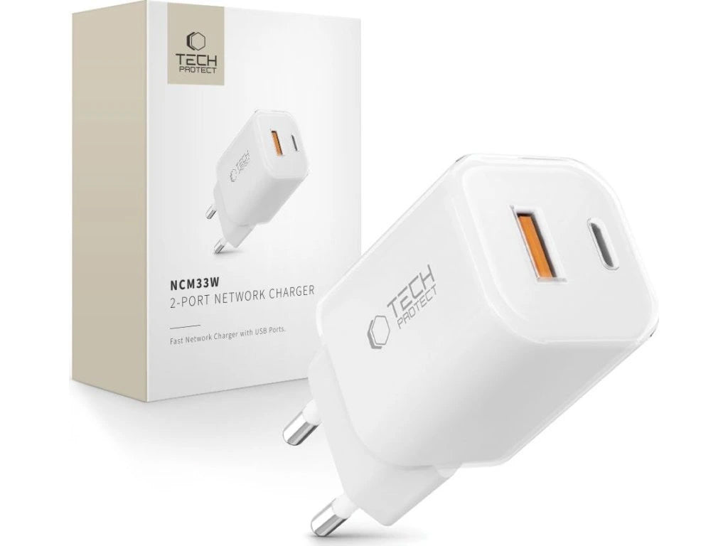 Polnilnik omrežja Tech-Protect NCM33W, 33W, 3A, 1 x USB-A - 1 x USB-C, Bel