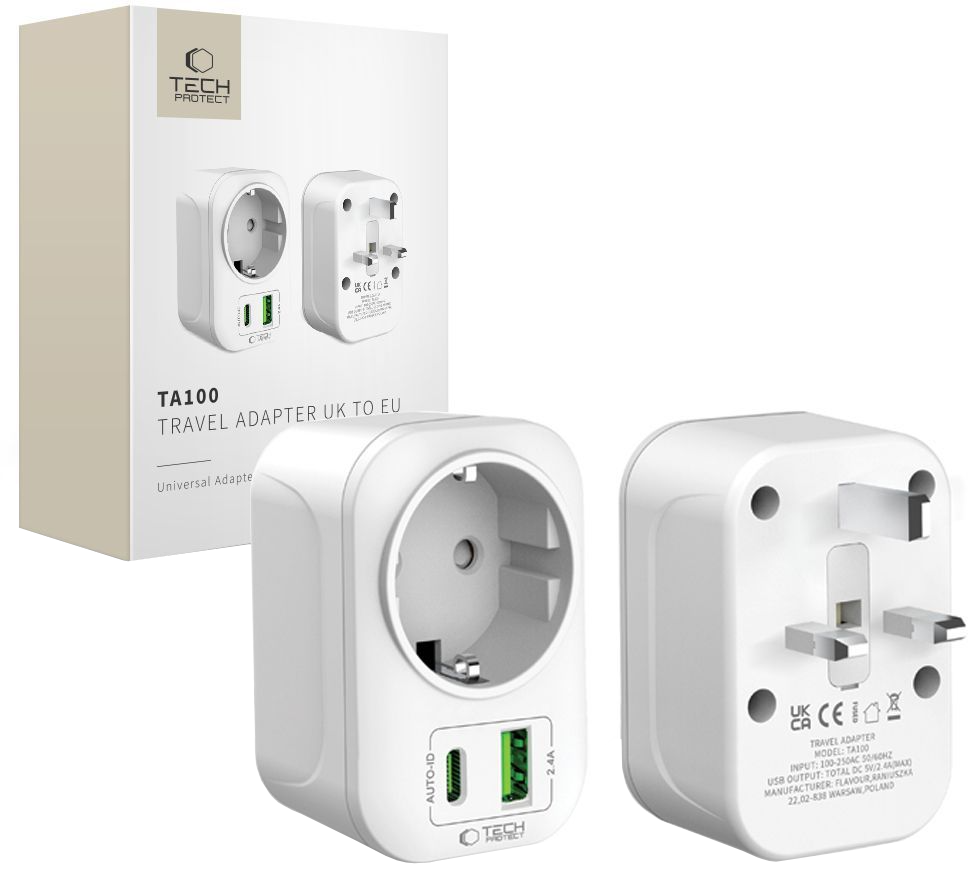 Polnilnik omrežja Tech-Protect TA100 Travel UK, 20W, 3A, 1 x Schuko - 1 x USB-A - 1 x USB-C, Bel