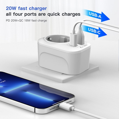 Polnilnik omrežja Tech-Protect TA100 Travel UK, 20W, 3A, 1 x Schuko - 1 x USB-A - 1 x USB-C, Bel