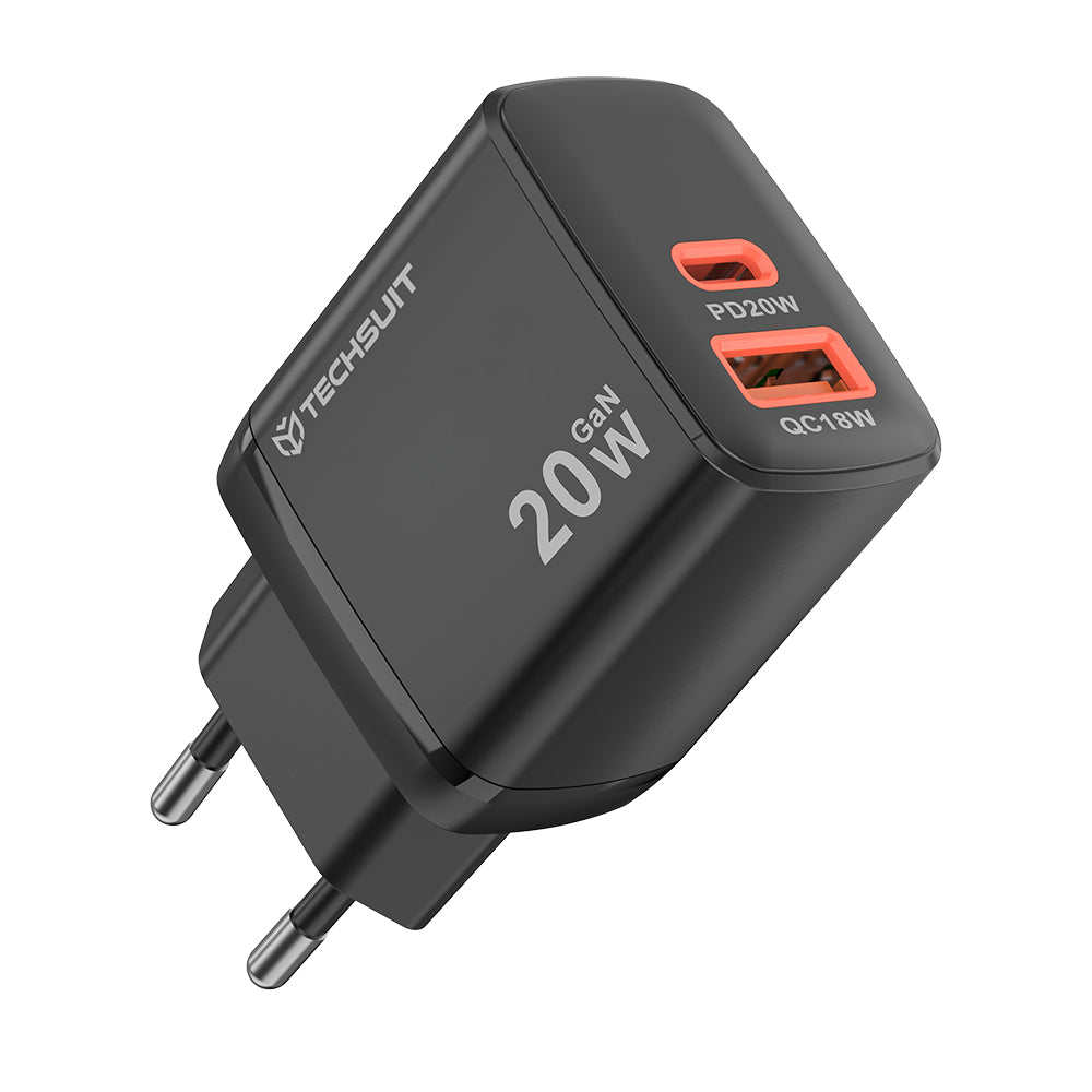 Polnilnik Techsuit CH2 Duonix, 20W, 3A, 1 x USB-A - 1 x USB-C, črn