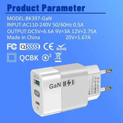 Omrežni polnilec Techsuit CHPD131, 65W, 3.25A, 1 x USB-A - 1 x USB-C, Bel