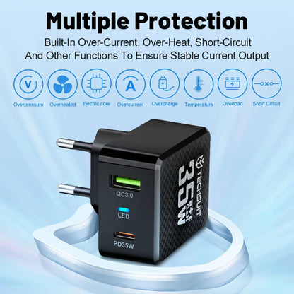 Omrežni polnilec Techsuit CHPD173 Tiny, 35W, 3A, 1 x USB-A - 1 x USB-C, črn