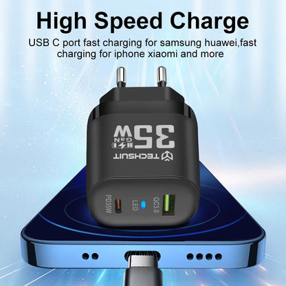 Polnilnik Techsuit CHPD174, 35W, 3A, 1 x USB-A - 1 x USB-C, bel
