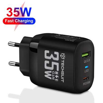 Omrežni polnilec Techsuit CHPD174, 35W, 3A, 1 x USB-A - 1 x USB-C, črn