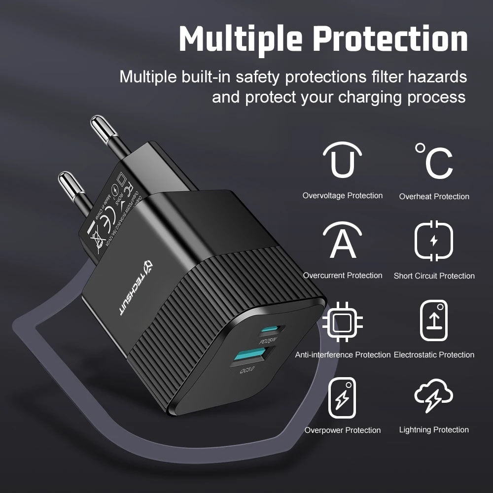 Polnilnik omrežja Techsuit CHPD216 Tiny, 25W, 3A, 1 x USB-A - 1 x USB-C, Bel
