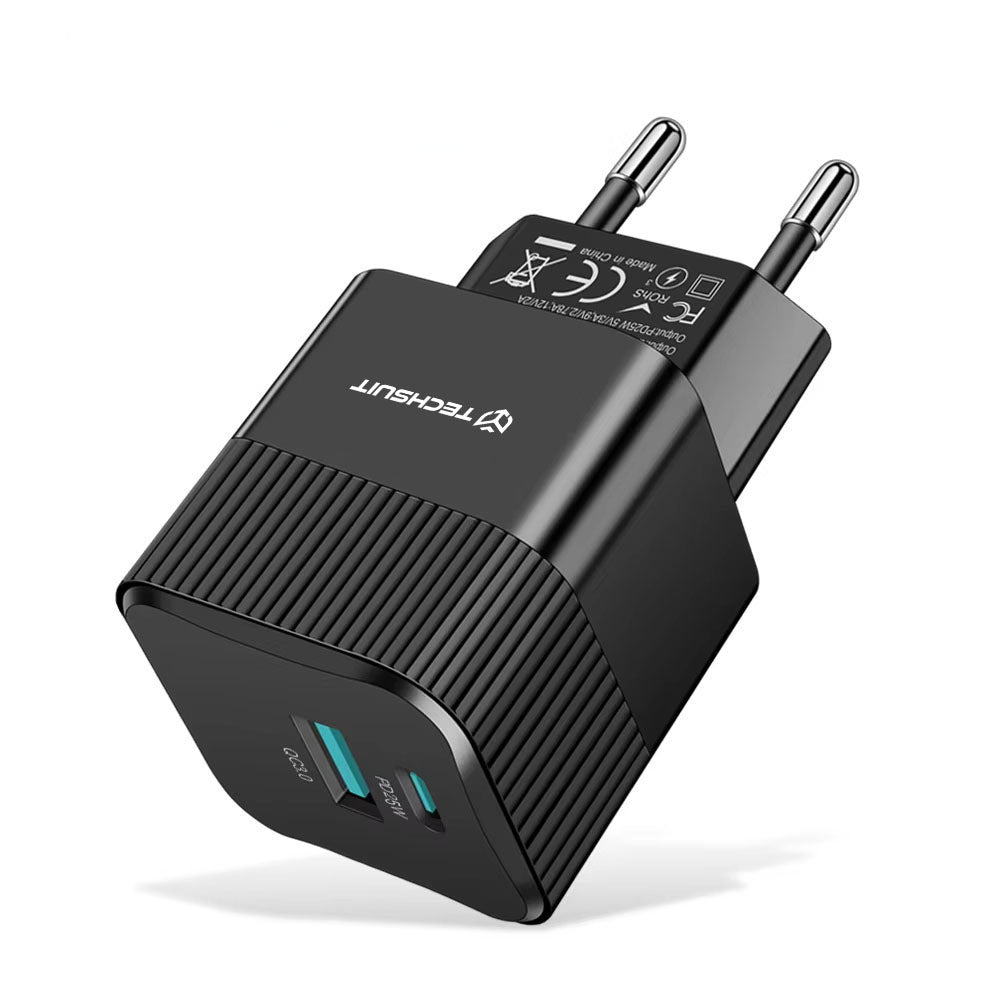 Polnilnik omrežja Techsuit CHPD216 Tiny, 25W, 3A, 1 x USB-A - 1 x USB-C, črn