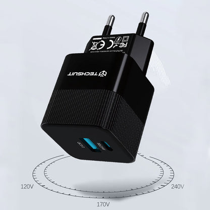 Polnilnik omrežja Techsuit CHPD216 Tiny, 25W, 3A, 1 x USB-A - 1 x USB-C, črn