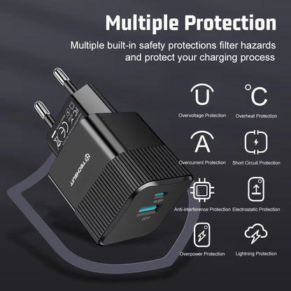 Polnilnik omrežja Techsuit CHPD216 Tiny, 25W, 3A, 1 x USB-A - 1 x USB-C, črn