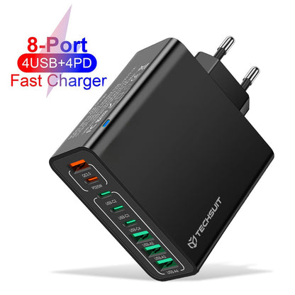 Polnilnik Techsuit CHPD224, 65W, 3.25A, 4 x USB-A - 4 x USB-C, črn