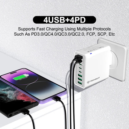 Polnilnik Techsuit CHPD224, 65W, 3.25A, 4 x USB-A - 4 x USB-C, črn