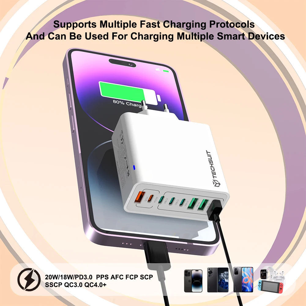Polnilnik Techsuit CHPD224, 65W, 3.25A, 4 x USB-A - 4 x USB-C, črn