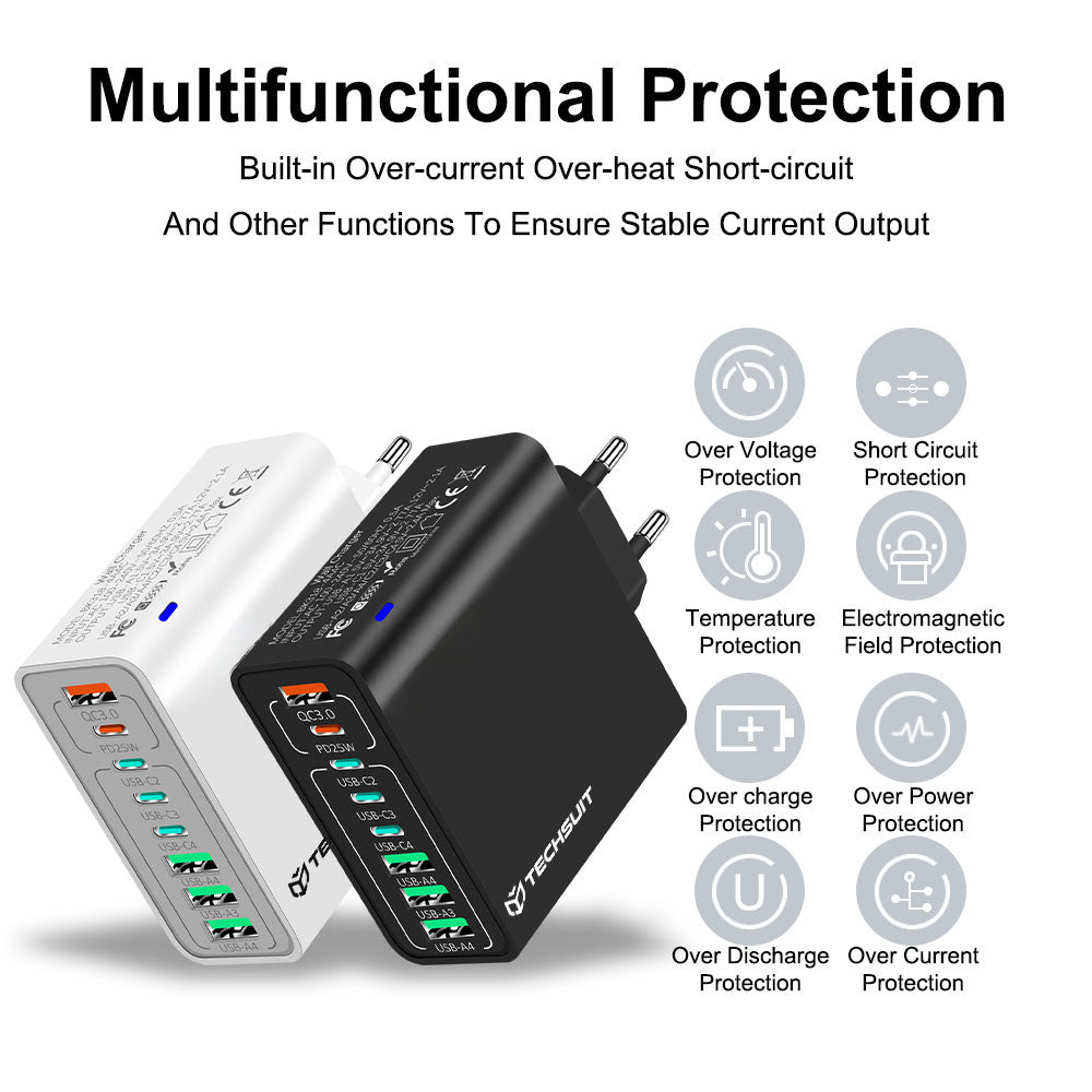 Polnilnik Techsuit CHPD224, 65W, 3.25A, 4 x USB-A - 4 x USB-C, črn