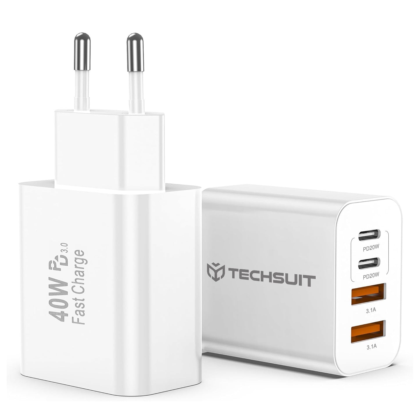 Polnilnik Techsuit PowerXQuad CH4, 40W, 3A, 2 x USB-A - 2 x USB-C, bel