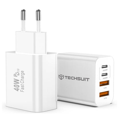 Polnilnik Techsuit PowerXQuad CH4, 40W, 3A, 2 x USB-A - 2 x USB-C, bel