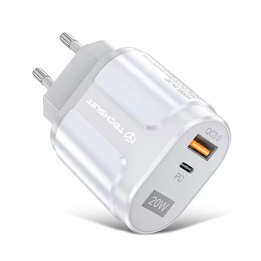 Polnilnik omrežja Techsuit Premium, 20W, 3A, 1 x USB-A - 1 x USB-C, Bel