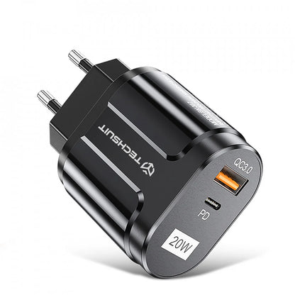 Polnilnik Techsuit Premium, 20W, 3A, 1 x USB-A - 1 x USB-C, Črn CHPD038