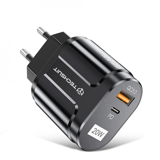 Polnilnik Techsuit Premium, 20W, 3A, 1 x USB-A - 1 x USB-C, Črn CHPD038