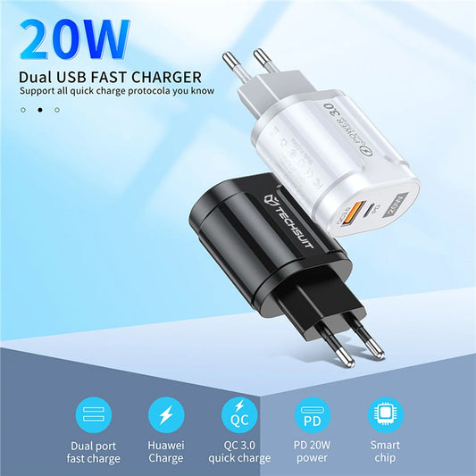 Polnilnik omrežja Techsuit Premium, 20W, 3A, 1 x USB-A - 1 x USB-C, Bel