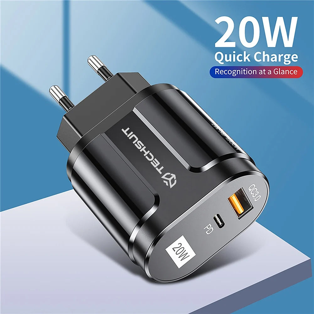 Polnilnik Techsuit Premium, 20W, 3A, 1 x USB-A - 1 x USB-C, Črn CHPD038