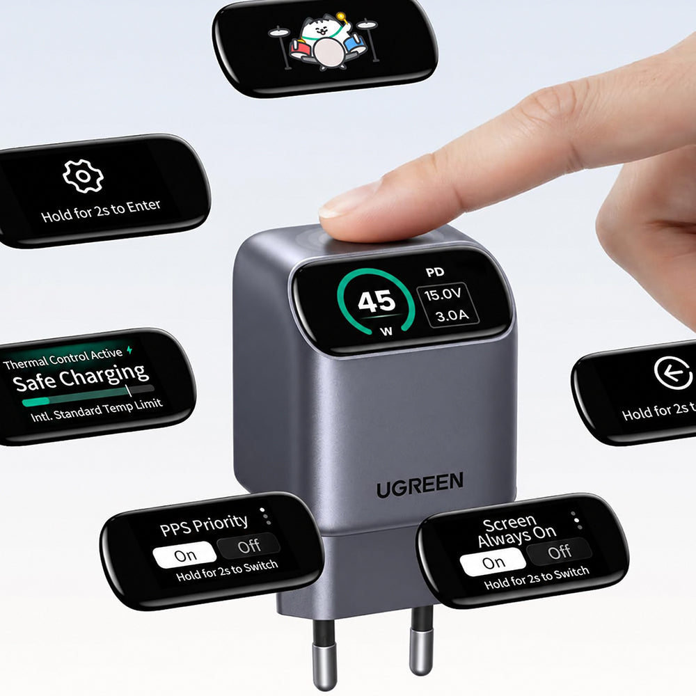 Omrežni polnilnik UGREEN Nexode Pro X740 (25419B) z zaslonom, 45 W, 3 A, 1 × USB-C, siv