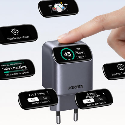 Omrežni polnilnik UGREEN Nexode Pro X740 (25419B) z zaslonom, 45 W, 3 A, 1 × USB-C, siv