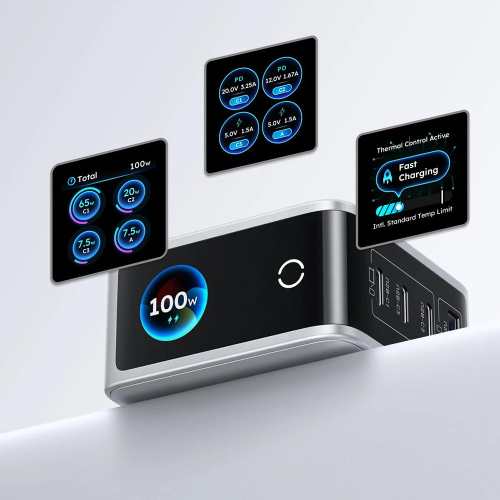 Omrežni polnilnik UGREEN Nexode Pro X772 (95942B) z zaslonom, 100 W, 5 A, 1 × USB-A – 3 × USB-C, siv