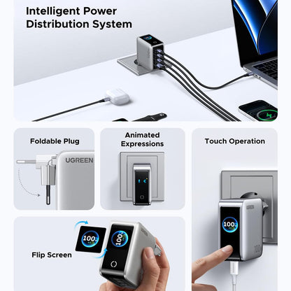 Omrežni polnilnik UGREEN Nexode Pro X772 (95942B) z zaslonom, 100 W, 5 A, 1 × USB-A – 3 × USB-C, siv