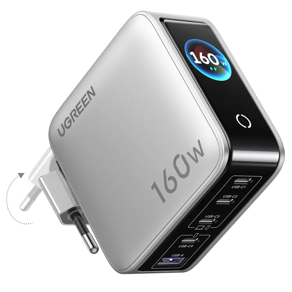 Omrežni polnilnik UGREEN Nexode Pro X774 (65637B) z zaslonom, 160 W, 5 A, 1 × USB-A – 4 × USB-C, siv