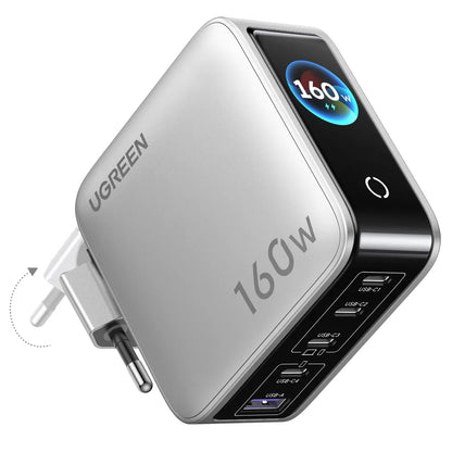 Omrežni polnilnik UGREEN Nexode Pro X774 (65637B) z zaslonom, 160 W, 5 A, 1 × USB-A – 4 × USB-C, siv