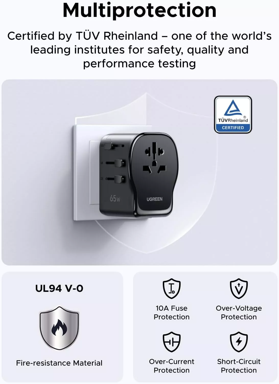 UGREEN Travel S550 Network Charger (55001), 65W, 3.25A, 1 x USB-A - 2 x USB-C, Black