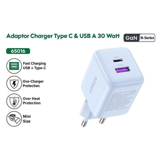 Polnilnik UGREEN X516, 30W, 3A, 1 x USB-A - 1 x USB-C, Siv