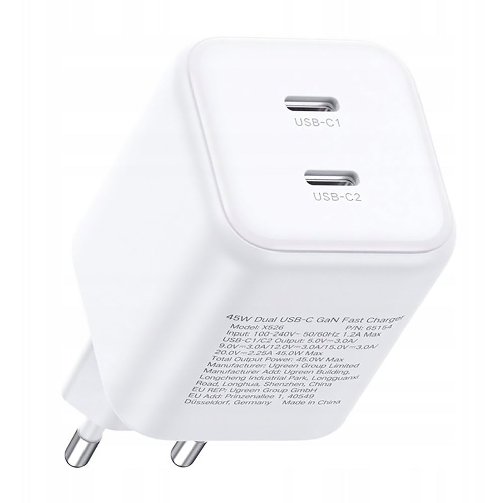 Omrežni polnilec UGREEN X526 (65154), 45W, 3A, 2 x USB-C, bel