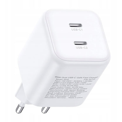 Omrežni polnilec UGREEN X526 (65154), 45W, 3A, 2 x USB-C, bel