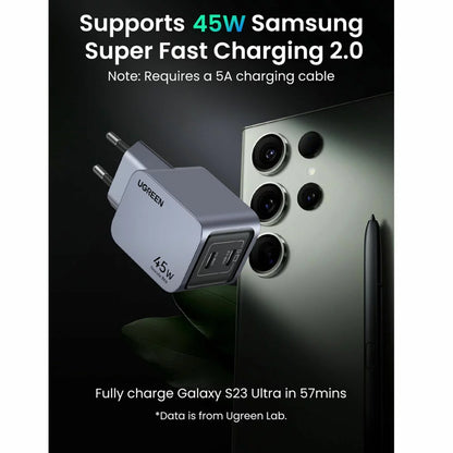 Omrežni polnilnik UGREEN X707 Nexode Pro, 45 W, 3A, 2 x USB-C, siva 