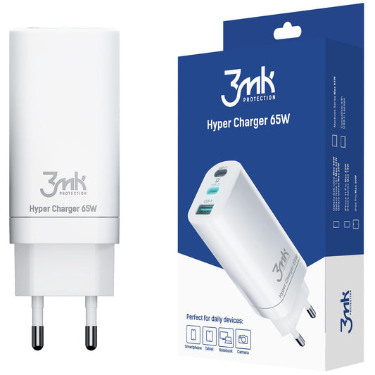 Omrežni polnilec 3MK HyperCharger, 65W, 5A, 1 x USB-A - 2 x USB-C, bel