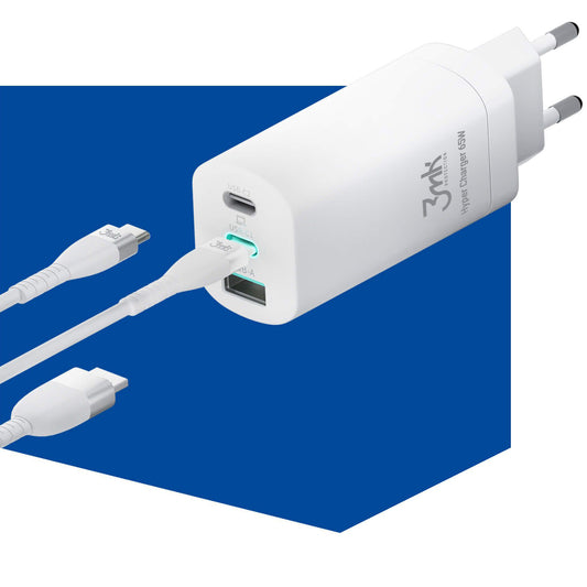 Omrežni polnilec 3MK HyperCharger, 65W, 5A, 1 x USB-A - 2 x USB-C, bel