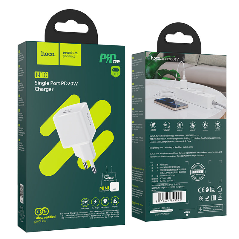 Omrežni polnilnik HOCO N10, 20 W, 3A, 1 x USB-C, bela