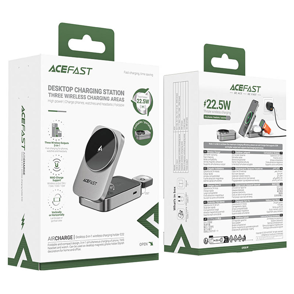 Brezžični omrežni polnilec Acefast E22 3v1, 22.5W, 1.67A, Siv