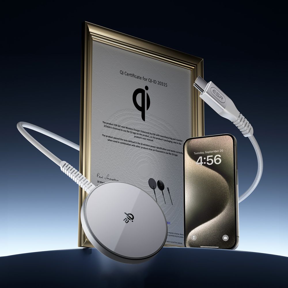 Brezžični omrežni polnilec ESR HaloLock, 15W, 1.67A, Srebrn.