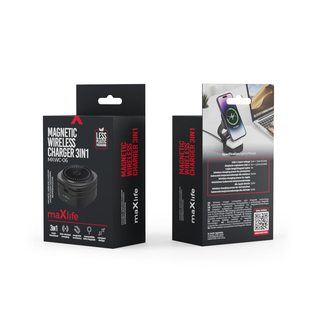 Brezžični omrežni polnilec MaXlife MXWC-06 3v1, 15W, 1.67A, črn